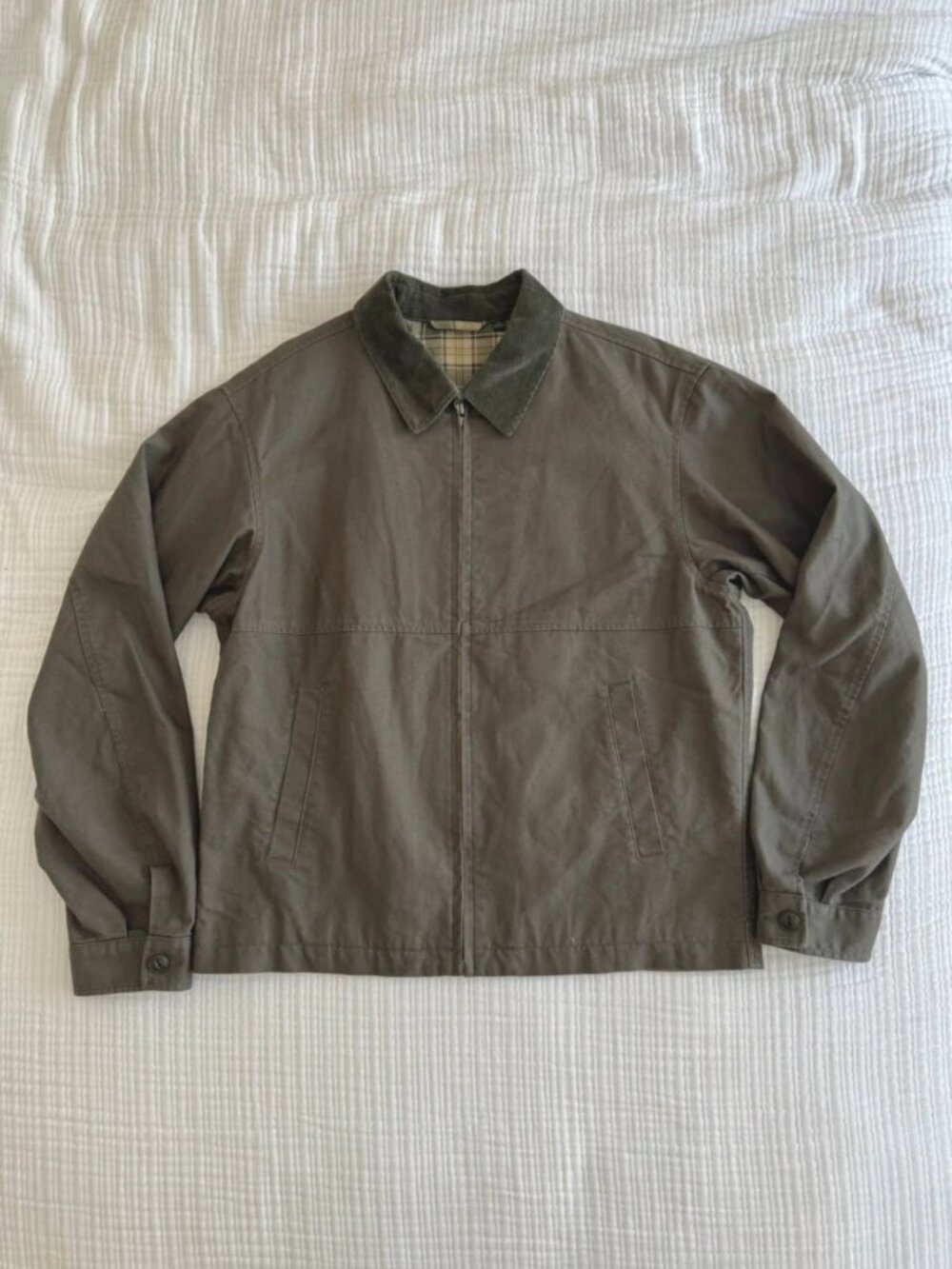 Olive Green Zip Up Harrington Jacket with Plaid Lining Men’s Size M
